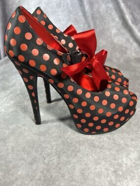 Bordello Red Black Polka Dot Platform Peep Toe Heels Satin Bow Size 7
